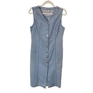 Vintage Denim Jean Embroidered Button-Down Dress Jumper  Cottagecore  Country M‎